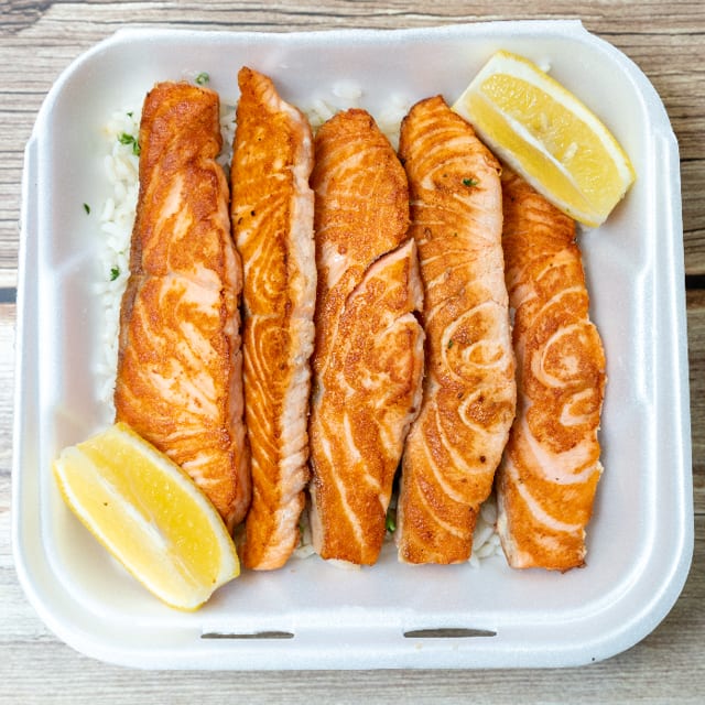Grilled Salmon Over Rice.